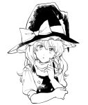  1girl arm_grab black_dress bow braid buttons dress eyebrows_visible_through_hair hair_bow hand_on_own_face hat hat_bow kirisame_marisa long_hair looking_at_viewer monochrome natsume_(menthol) puffy_sleeves short_sleeves side_braid single_braid thinking touhou white_background white_bow witch_hat 