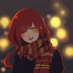  1girl :d bangs blurry blush bokeh depth_of_field enpera green_eyes gryffindor harry_potter kurosujuu lily_evans long_hair looking_at_viewer open_mouth red_scarf redhead scarf smile solo striped striped_scarf swept_bangs upper_body 