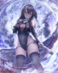  1girl :o absent azur_lane bandana black_hair black_legwear black_swimsuit breasts cleavage_cutout commentary_request covered_navel front_zipper_swimsuit highres iron_cross long_hair looking_at_viewer medium_breasts meme_attire multicolored_hair one-piece_swimsuit red_eyes solo standing streaked_hair submarine swimsuit thigh-highs torpedo u-47_(azur_lane) watercraft white_hair 