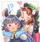  !? /\/\/\ 2girls ahoge animal_ear_fluff animal_ears artist_logo blush brown_hair capelet cat_ears cat_tail chen closed_eyes commentary_request dress flying_sweatdrops green_headwear grey_dress grey_hair hat heart highres ibaraki_natou jewelry licking long_sleeves mob_cap mouse_ears mouse_tail multiple_girls multiple_tails nazrin pendant red_dress red_eyes shirt short_hair single_earring surprised sweatdrop tail tongue tongue_out touhou two_tails white_background white_shirt 