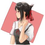  1girl absurdres bangs black_dress black_hair blush collarbone commentary_request dress eyebrows_visible_through_hair from_side hair_ribbon highres kaguya-sama_wa_kokurasetai_~tensai-tachi_no_renai_zunousen~ kyktsu parted_bangs red_background red_eyes red_ribbon ribbon shinomiya_kaguya shirt short_sleeves simple_background smile solo white_background white_shirt 