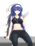  1girl against_wall blue_eyes blue_hair bottle breasts cable chaesu earphones earphones hairband highres listening_to_music long_hair looking_at_viewer medium_breasts midriff orie_(under_night_in-birth) pants shadow sitting solo sports_bra sweat toned under_night_in-birth water_bottle white_hairband yoga_pants 