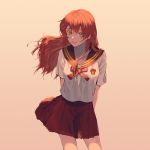  1girl adapted_costume arms_behind_back bangs blouse breasts brown_skirt contemporary cowboy_shot floating_hair green_eyes gryffindor harry_potter highres kurosujuu lily_evans long_hair medium_breasts miniskirt neck_ribbon orange_background orange_hair orange_neckwear pleated_skirt red_skirt ribbon school_uniform see-through_silhouette serafuku short_sleeves skirt smile solo striped white_blouse 