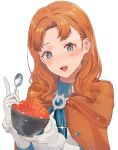  1girl annette_fantine_dominic blue_eyes bowl fire_emblem fire_emblem:_three_houses gloves highres holding holding_bowl holding_spoon niko_(aiai03012) open_mouth orange_hair roe simple_background solo spoon upper_body white_background white_gloves 