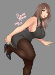  1girl 2020 agawa_ryou artist_name bare_shoulders black_footwear breasts brown_eyes brown_hair commentary dated high_heels large_breasts looking_at_viewer office_lady original pantyhose parted_lips sideboob signature solo 