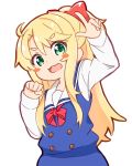  1girl :3 blonde_hair blush_stickers bow clenched_hand commentary dress eyebrows_visible_through_hair green_eyes hair_bow highres himesaka_noa long_hair long_sleeves looking_at_viewer manse red_bow sailor_collar sailor_dress school_uniform simple_background solo watashi_ni_tenshi_ga_maiorita! white_background white_sailor_collar 