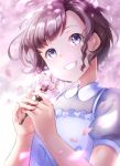  1girl absurdres bad_neck brown_hair cherry_blossoms day flower hands_together hands_up highres holding holding_flower looking_at_viewer mokka_(31911633) outdoors short_hair short_sleeves smile upper_body violet_eyes 