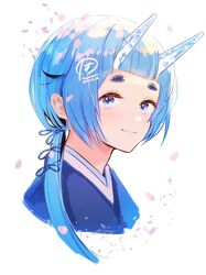  androgynous bangs blue_hair blue_horns blunt_bangs hamaru_log horns looking_at_viewer making-of_available oni oni_horns original ponytail signature simple_background smile solo white_background 