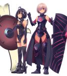  2girls absurdres ahoge arm_at_side armor armored_boots black_hair blush boots closed_mouth commentary cosplay costume_switch elbow_gloves eyebrows_visible_through_hair fate/grand_order fate_(series) full_body gloves hair_between_eye hair_ornament hair_over_one_eye high_heels highres holding_shield itai_no_wa_iya_nano_de_bougyoryoku_ni_kyokufuri_shitai_to_omoimasu lavender_hair maple_(bofuri) mash_kyrielight motsu_(onli_neet) multiple_girls shield short_hair smile standing thigh-highs thigh_strap violet_eyes white_background 