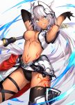  1girl abs animal_ears bangs bikini black_bikini black_gloves black_legwear blue_eyes body_markings breasts caenis_(fate) cape dark_skin elbow_gloves fate/grand_order fate_(series) faulds gloves hair_intakes headpiece highleg_bikini_bottom highres large_breasts long_hair looking_at_viewer metindone navel parted_lips pauldrons polearm ponytail red_cape solo spear swimsuit tattoo thigh-highs thigh_gap waist_cape weapon white_background white_hair 