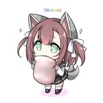  1girl absurdres afterimage animal_ears azur_lane bangs black_footwear black_sailor_collar black_skirt brown_hair chibi commentary_request dog_ears dog_tail eyebrows_visible_through_hair full_body green_eyes hair_between_eyes hair_ribbon highres holding holding_pillow kinokan pillow pleated_skirt ribbon romaji_text sailor_collar school_uniform serafuku shadow shiratsuyu_(azur_lane) shoes sidelocks simple_background skirt smile socks solo sparkle standing tail tail_wagging two_side_up white_background white_legwear white_ribbon white_serafuku 