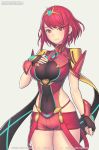  1girl bangs black_gloves breasts chest_jewel covered_navel cowboy_shot earrings fingerless_gloves gem gloves hair_ornament hand_on_own_chest pyra_(xenoblade) jewelry large_breasts looking_at_viewer marfrey red_eyes red_shorts redhead short_hair short_shorts shorts simple_background skindentation smile solo swept_bangs tiara xenoblade_(series) xenoblade_2 