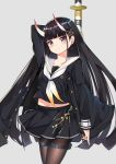  1girl absurdres arm_behind_head azur_lane bangs black_hair black_jacket black_legwear black_serafuku black_skirt blush breasts collarbone commentary_request frown grey_background hair_ornament hairclip highres jacket long_hair long_sleeves looking_at_viewer navel noshiro_(azur_lane) oni_horns pantyhose pleated_skirt sailor_collar school_uniform serafuku shirt simple_background skirt small_breasts solo tming very_long_hair violet_eyes x_hair_ornament 