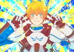  1boy ahoge armor arthur_pendragon_(fate) bangs black_gloves blonde_hair blue_background blue_eyes blush breastplate closed_mouth double_v elle62145 emotional_engine_-_full_drive fate/grand_order fate/prototype fate_(series) gauntlets gloves green_eyes hair_between_eyes hands_up hood hood_down looking_at_viewer parody pauldrons short_hair smile solo sparkle sunburst sunburst_background v yellow_background 