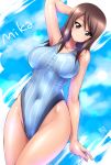  1girl arm_up bangs blue_swimsuit blush breasts brown_eyes brown_hair competition_swimsuit covered_navel girls_und_panzer highleg highleg_swimsuit highres kamogawa_tanuki legs_together long_hair medium_breasts mika_(girls_und_panzer) no_hat no_headwear one-piece_swimsuit shiny shiny_clothes shiny_hair shiny_skin smile solo standing swimsuit 