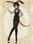  :d androgynous animal_ears black_legwear black_pants black_vest bow bowtie cat_ears dairoku_youhei fake_animal_ears full_body grey_shirt hand_on_hip knees_together_feet_apart l_(matador) open_mouth pants rabbit_ears red_bow red_eyes shirt simple_background smile solo tail vest wrist_cuffs yellow_background 