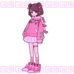  1girl bangs bow brown_hair chachaco commentary double_bun full_body hair_bow jacket letterman_jacket long_sleeves looking_at_viewer original pink_bow pink_eyes pink_footwear pink_jacket pink_legwear pink_skirt shoes skirt sneakers socks solo yume_kawaii zipper 