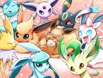  :3 :d ayo_(ayosanri009) brown_eyes closed_eyes closed_mouth commentary_request creature eevee espeon facing_viewer fangs flareon gen_1_pokemon gen_2_pokemon gen_4_pokemon gen_6_pokemon glaceon green_eyes happy jolteon leafeon looking_at_viewer no_humans open_mouth pink_background pokemon pokemon_(creature) smile sylveon umbreon vaporeon violet_eyes 