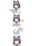  &gt;_&lt; 1girl :t animal_ear_fluff animal_ears bangs black_hair blush cat_ears closed_eyes closed_mouth collared_shirt commentary_request dress_shirt eating eyebrows_visible_through_hair flying_sweatdrops food holding holding_spoon ice_cream juliet_sleeves komugi_(wataame27) long_sleeves notice_lines original puffy_sleeves shirt simple_background spoon sweat translation_request upper_body v-shaped_eyebrows violet_eyes wataame27 wavy_mouth white_background white_shirt 
