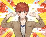  1boy absurdres beige_jacket blush double_v egasumi emiya_shirou emotional_engine_-_full_drive fate/grand_order fate/stay_night fate_(series) highres kmk long_sleeves looking_at_viewer male_focus orange_hair parody school_uniform shirt short_hair solo sparkle spiky_hair sunburst sunburst_background v white_shirt yellow_eyes 