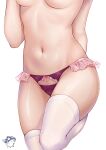 1girl bow bow_panties breasts character_request copyright_request groin hei_kuang_jun lower_body navel panties purple_panties simple_background solo stomach thigh-highs thighs topless under_boob underwear white_background white_legwear 