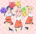  :d anima_yell! arima_hizume arm_up armpits arms_behind_head bangs black_bow black_legwear blonde_hair blue_eyes blue_hair blush bow cheering cheerleader eyebrows_visible_through_hair hair_bow hatoya_kohane holding_pom_poms jumping kneehighs long_hair miniskirt navel open_mouth orange_skirt parted_bangs pink_hair pleated_skirt pom_poms ponytail red_eyes rizuta sawatari_uki shirt shoes sidelocks skirt sleeveless sleeveless_shirt smile sneakers white_footwear 