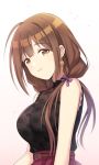  1girl 23nanato antenna_hair bangs belt belt_buckle blunt_bangs blush bow breasts brown_hair buckle earrings eyebrows_visible_through_hair gradient gradient_background hair_bow hair_over_shoulder highres idolmaster idolmaster_shiny_colors jewelry kuwayama_chiyuki lace long_hair looking_at_viewer medium_breasts purple_bow see-through simple_background sleeveless smile solo 