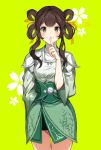  1girl blush brown_eyes brown_hair closed_mouth finger_to_mouth floral_background green_background green_skirt hair_rings hand_up long_hair long_sleeves looking_at_viewer puchipu ren_zhafan_paijizu_xitong shirt shushing sidelocks simple_background skirt smile solo standing white_shirt wide_sleeves 