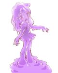  1girl blush commentary_request long_hair looking_at_viewer lowres monster_girl open_mouth original pleated_skirt pukao purple_skin school_uniform simple_background skirt slime_girl solo standing violet_eyes white_background 