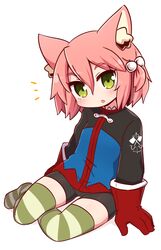  1girl 7th_dragon 7th_dragon_(series) :o animal_ears arm_support bangs bike_shorts black_shorts blue_jacket blush cat_ears commentary_request eyebrows_visible_through_hair full_body gloves green_eyes hair_between_eyes hair_bobbles hair_ornament harukara_(7th_dragon) highres jacket long_sleeves looking_at_viewer naga_u no_shoes one_side_up parted_lips pink_hair red_gloves short_shorts shorts simple_background sitting solo striped striped_legwear thigh-highs white_background yokozuwari 