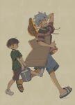  2boys aonori_maeba arm_behind_head blue_shorts blush boku_(boku_no_natsuyasumi) boku_no_natsuyasumi bowl_cut brown_background brown_hair brown_shorts bucket cardboard carrying carrying_under_arm child commentary_request from_side full_body green_shirt grey_hair half-closed_eyes hat hat_on_back highres holding holding_bucket jack-o&#039;_ran-tan looking_at_viewer looking_to_the_side male_focus multiple_boys no_sclera no_socks orange_eyes purple_shirt sandals shirt shoes short_hair short_sleeves shorts simple_background smile solid_oval_eyes straw_hat striped_clothes striped_shirt t-shirt v_arms walking 