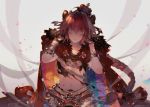  1boy armor astolfo_(fate) bangs black_bow black_ribbon blush bow braid cloak closed_eyes closed_mouth crown damaged eyebrows_visible_through_hair fang fate/apocrypha fate/grand_order fate_(series) fur_collar fur_trim gauntlets gem gloves hair_bow hair_intakes hair_ribbon kawacy long_braid long_hair male_focus multicolored_hair navel otoko_no_ko pink_hair rainbow_gradient red_cloak ribbon signature single_braid smile solo stomach torn_clothes 