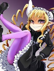  1girl :&gt; black_dress black_footwear black_gloves blonde_hair demon_girl demon_horns dress drill_hair gloves gothic gothic_lolita horns houshi lolita_fashion musuko_ga_kawaikute_shikatanai_mazoku_no_hahaoya nightmare_(musuko_ga_kawaikute_shikatanai_mazoku_no_hahaoya) pointy_ears purple_legwear shoes violet_eyes white_horns 