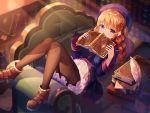  1girl bangs beret black_legwear blush book bookshelf boots braid commentary_request covering_mouth frills hat holding holding_book indoors light_rays long_hair pantyhose princess_connect! princess_connect!_re:dive redhead seero skirt solo violet_eyes yuni_(princess_connect!) 