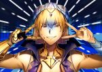  1boy absurdres artist_request bangs blonde_hair blue_background blue_vest bracer cropped_vest double_v earrings emotional_engine_-_full_drive fate/grand_order fate_(series) forced_smile gauntlets gilgamesh gilgamesh_(caster)_(fate) grin hair_between_eyes hands_up highres jewelry looking_at_viewer neck_ring parody red_eyes shaded_face short_hair shoulder_tattoo single_gauntlet smile solo sweatdrop tattoo turban v vest 
