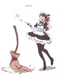  1girl alternate_costume artist_name black_legwear broom brown_hair closed_eyes enmaided findoworld kagari_atsuko little_witch_academia long_hair maid maid_day maid_headdress one_side_up open_mouth simple_background sketch standing standing_on_one_leg thigh-highs wand white_background wrist_cuffs zettai_ryouiki 