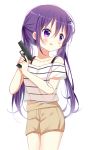  1girl bangs blush breasts brown_shorts closed_mouth collarbone deyui eyebrows_visible_through_hair gochuumon_wa_usagi_desu_ka? gun hair_between_eyes hair_ornament hairclip handgun holding holding_gun holding_weapon long_hair looking_away looking_to_the_side off-shoulder_shirt off_shoulder pistol purple_hair shirt short_shorts short_sleeves shorts sidelocks simple_background small_breasts solo striped striped_shirt tedeza_rize tongue tongue_out twintails two-handed v-shaped_eyebrows very_long_hair violet_eyes weapon white_background white_shirt 