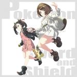  2girls alternate_costume belt boots border camisole choker coat commentary_request copyright_name double-breasted dress earrings eyelashes gen_8_pokemon green_eyes grey_border grin hand_up high_heel_boots high_heels highres holding holding_poke_ball jacket jewelry jumping leather leather_jacket looking_at_viewer mary_(pokemon) matsumoto_tomoki morpeko multiple_girls no_hat no_headwear open_clothes open_jacket poke_ball pokemon pokemon_(game) pokemon_swsh simple_background smile stud_earrings twintails white_background white_coat white_dress wristband yuuri_(pokemon) 