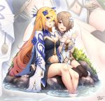  2girls arm_support bianka_durandal_ataegina black_legwear blonde_hair blue_eyes blush breasts brown_hair china_dress chinese_clothes cleavage_cutout commentary_request dress ekusufeito floral_print flower grass hair_between_eyes hair_flower hair_ornament hair_over_one_eye hand_on_own_chest highres honkai_(series) honkai_impact_3rd large_breasts long_hair multiple_girls navel navel_cutout open_mouth red_eyes rita_rossweisse rita_rossweisse_(maid_of_celestia) rose_print short_hair shoulder_cutout sitting sitting_on_rock smile soaking_feet thigh-highs very_long_hair water wristband 
