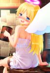  1other @_@ absurdres alcohol angel angel_wings arm_support ass bangs bare_arms black_shorts blonde_hair blue_eyes blush breasts broken_halo cedar_(artist) commentary_request crimvael dress drooling drunk eyebrows_visible_through_hair from_behind halo highres holding ishuzoku_reviewers long_hair looking_at_viewer looking_back nose_blush off-shoulder_dress off_shoulder open_mouth saliva see-through shorts sitting sitting_on_table skindentation smile teeth white_dress wings 