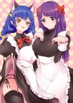  2girls absurdres alternate_costume animal_ears black_legwear black_panties black_skirt blue_cat blue_eyes bow breasts cat_ears commentary_request enmaided eyebrows_visible_through_hair garter_belt hair_bow heart heart_background highres kaguya_madoka large_breasts lifted_by_self long_hair long_sleeves looking_at_viewer maid maid_headdress mikorin multiple_girls panties pink_background precure purple_hair red_bow red_neckwear red_ribbon ribbon side-tie_panties skirt skirt_lift smile star_twinkle_precure thigh-highs twintails underwear yellow_eyes yuni_(precure) 