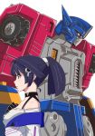  1girl autobot black_hair choker from_side grey_eyes highres honkai_(series) honkai_impact_3rd looking_to_the_side mecha optimus_prime profile raiden_mei robot task_baron transformers transformers_cybertron white_background 