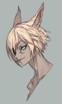  1boy animal_ears black_eyepatch blonde_hair eyebrows_visible_through_hair eyepatch face facial_mark final_fantasy final_fantasy_xiv fox_ears glowing glowing_eyes green_eyes grey_background hachizowo highres male_focus miqo&#039;te parted_lips simple_background slit_pupils smile solo 