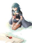  1girl armor black_shorts blue_hair byleth_(fire_emblem) byleth_eisner_(female) byleth_eisner_(female) cape closed_eyes closed_mouth female_my_unit_(fire_emblem:_three_houses) fire_emblem fire_emblem:_three_houses fire_emblem:_three_houses fire_emblem_16 flower intelligent_systems my_unit_(fire_emblem:_three_houses) navel_cutout nintendo pantyhose robaco sadness short_shorts shorts solo 