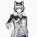  1boy animal_ear_fluff animal_ears arm_at_side bangs black_hair blue_eyes commentary_request dog_boy dog_ears fur_collar genderswap genderswap_(ftm) hair_between_eyes hand_on_hip jacket looking_at_viewer male_focus multicolored_hair nyifu original parted_lips simple_background sketch smile solo sweater two-tone_hair white_background white_hair white_sweater 