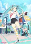  1girl bag black_shorts blue_choker blue_eyes blue_hair character_doll choker cloba day grin hatsune_miku highres long_hair looking_at_viewer off-shoulder_shirt off_shoulder outdoors shirt shoes shopping_bag short_shorts shorts single_bare_shoulder single_thighhigh smile sneakers solo_focus standing standing_on_one_leg striped striped_legwear thigh-highs twintails v very_long_hair vocaloid watch watch white_shirt 