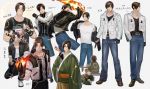  2boys brown_hair denim father_and_son fingerless_gloves fire gloves headband jacket jeans kof:_maximum_impact kusanagi_kyou kusanagi_saishu multiple_boys pants pyrokinesis school_uniform shirt the_king_of_fighters the_king_of_fighters_xiv white_headband white_shirt yaka326533 