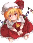  1girl :t ascot blonde_hair blush commentary_request flandre_scarlet frilled_skirt frills from_above hat hat_ribbon highres kneeling looking_at_viewer looking_up mob_cap mukkushi pout red_eyes red_skirt ribbon simple_background skirt solo touhou v_arms white_background wings wrist_cuffs yellow_neckwear 