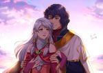  1boy 1girl autumnsacura backlighting bangle bare_shoulders bloom blue_eyes blue_hair bracelet bridal_gauntlets cape circlet clouds cloudy_sky couple day fire_emblem fire_emblem:_radiant_dawn half_updo hetero jewelry long_hair looking_at_another micaiah_(fire_emblem) pelleas_(fire_emblem) silver_hair sky smile turtleneck_dress wide_sleeves yellow_eyes 
