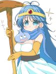  1girl blue_eyes blue_hair blush breasts cape capelet circlet closed_mouth commentary_request dragon_quest dragon_quest_iii dress elbow_gloves gloves large_breasts long_hair looking_at_viewer naitou_kouse sage_(dq3) simple_background slime_(dragon_quest) staff white_background yellow_gloves 